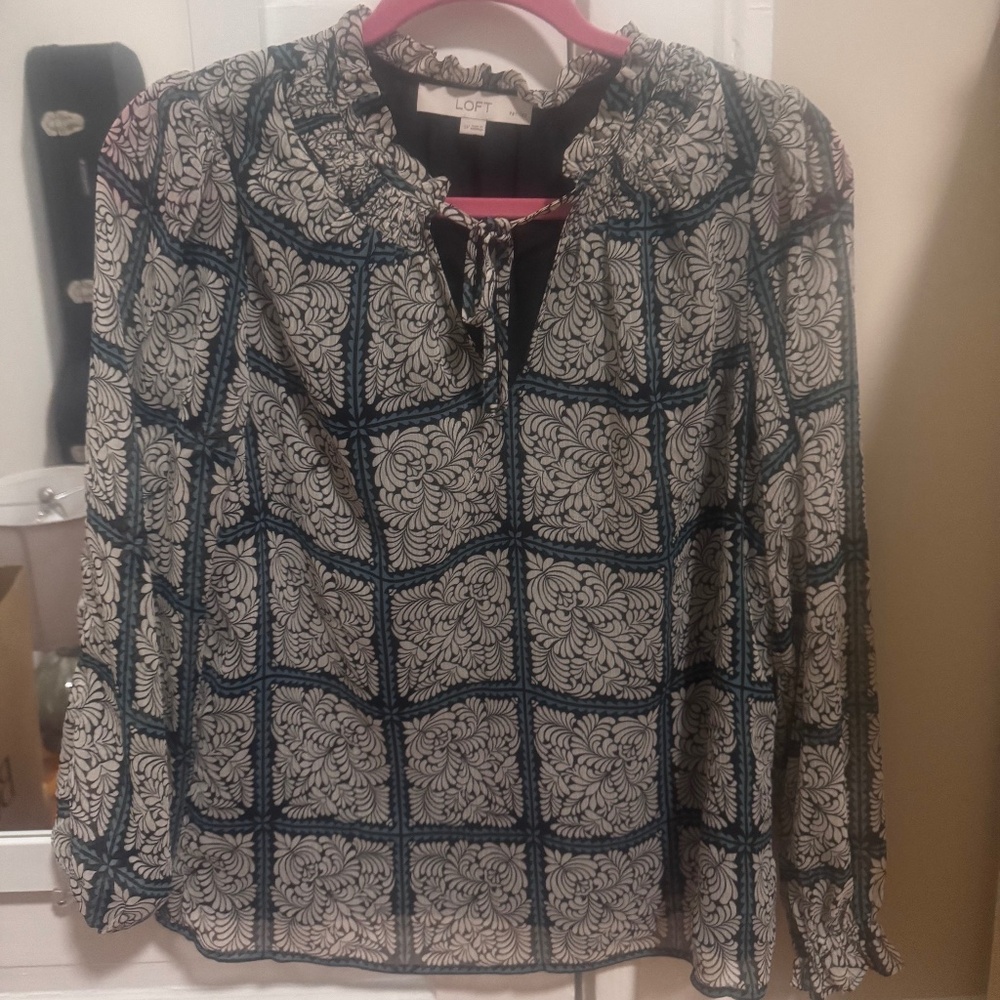 LOFT floral blue and grey work blouse